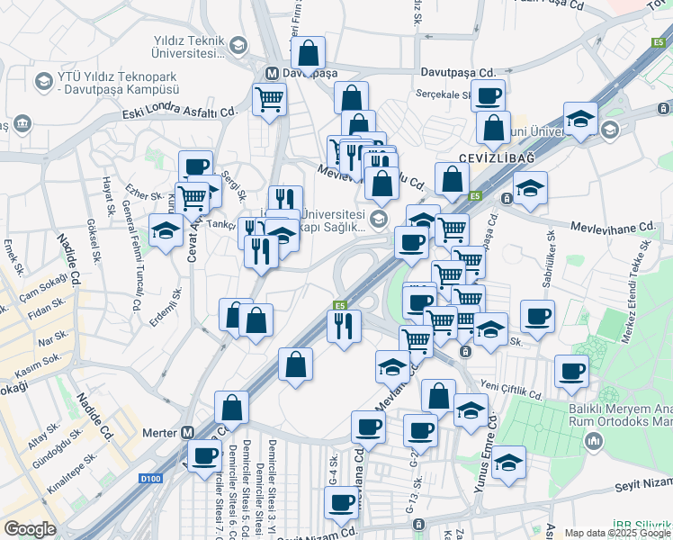 map of restaurants, bars, coffee shops, grocery stores, and more near 8 Cevizlibağ Köprüsü in Zeytinburnu