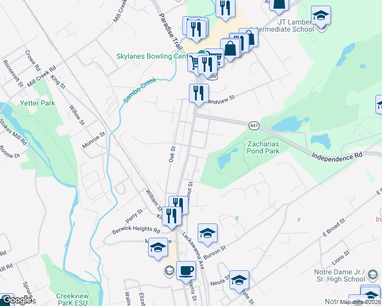 map of restaurants, bars, coffee shops, grocery stores, and more near 526 North Courtland Street in East Stroudsburg
