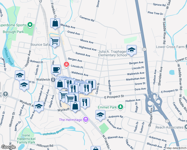 map of restaurants, bars, coffee shops, grocery stores, and more near 45 Waldwick Avenue in Waldwick