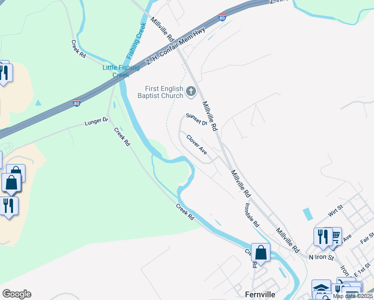 map of restaurants, bars, coffee shops, grocery stores, and more near 568 Sunset Drive in Bloomsburg