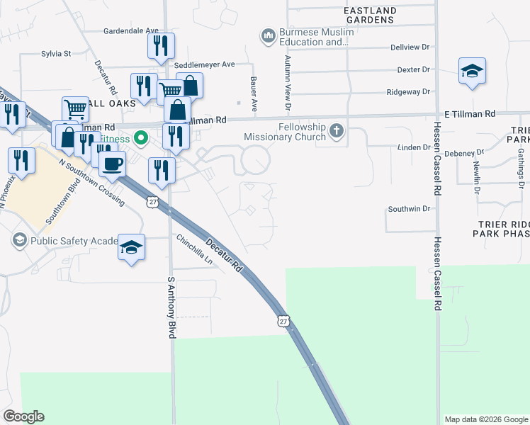 map of restaurants, bars, coffee shops, grocery stores, and more near 7936 Serenity Drive in Fort Wayne