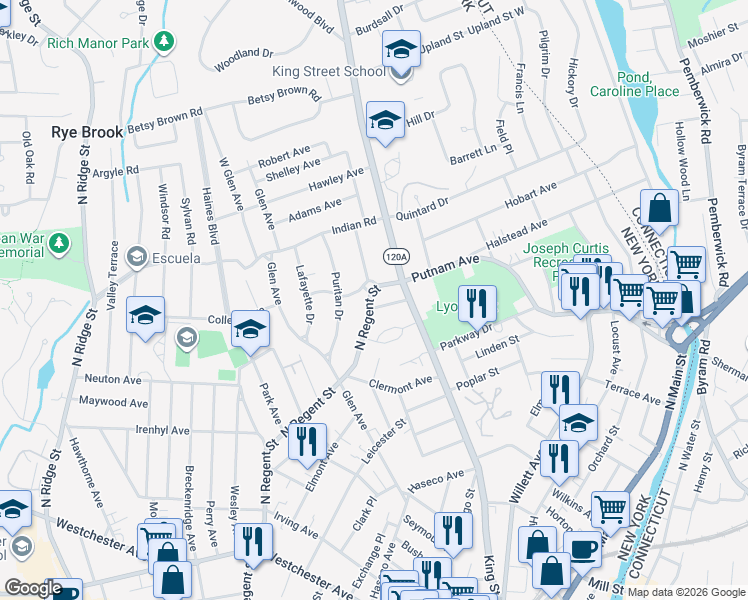 map of restaurants, bars, coffee shops, grocery stores, and more near 256 North Regent Street in Port Chester
