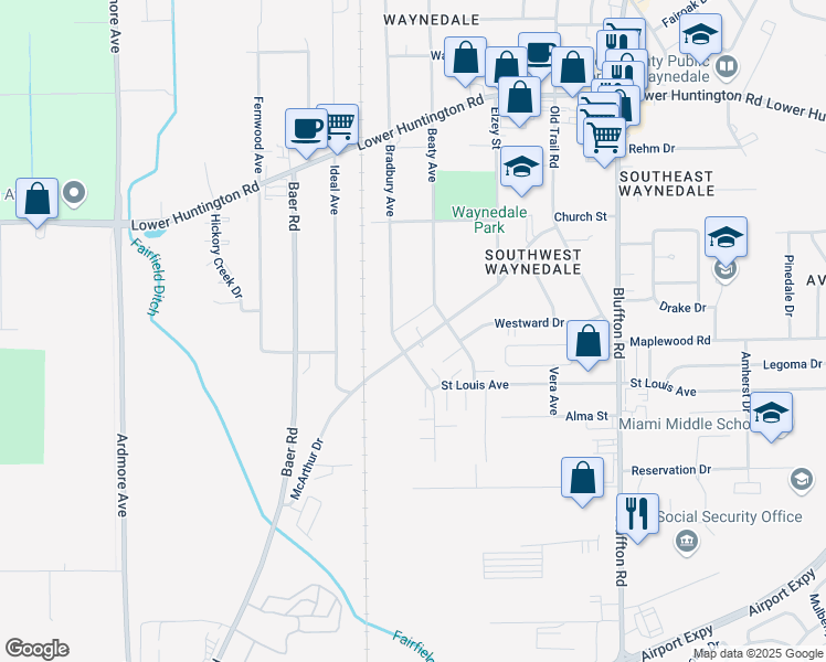 map of restaurants, bars, coffee shops, grocery stores, and more near 3014 McArthur Drive in Fort Wayne