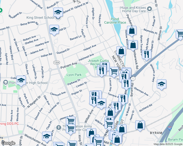 map of restaurants, bars, coffee shops, grocery stores, and more near 84 Putnam Avenue in Port Chester