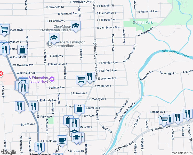 map of restaurants, bars, coffee shops, grocery stores, and more near 410 East Leasure Avenue in New Castle