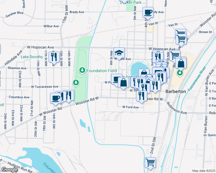 map of restaurants, bars, coffee shops, grocery stores, and more near 82 8th Street Northwest in Barberton