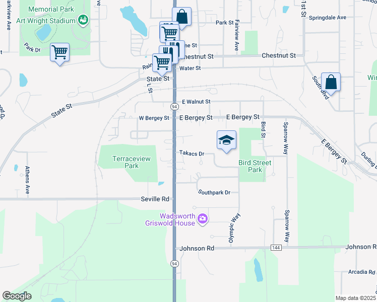 map of restaurants, bars, coffee shops, grocery stores, and more near 127 Takacs Drive in Wadsworth
