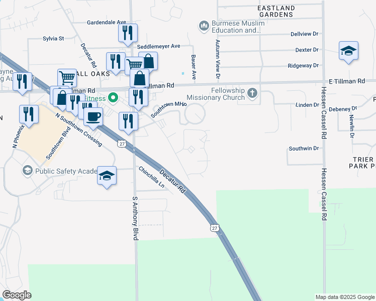 map of restaurants, bars, coffee shops, grocery stores, and more near 7911 Decatur Road in Fort Wayne