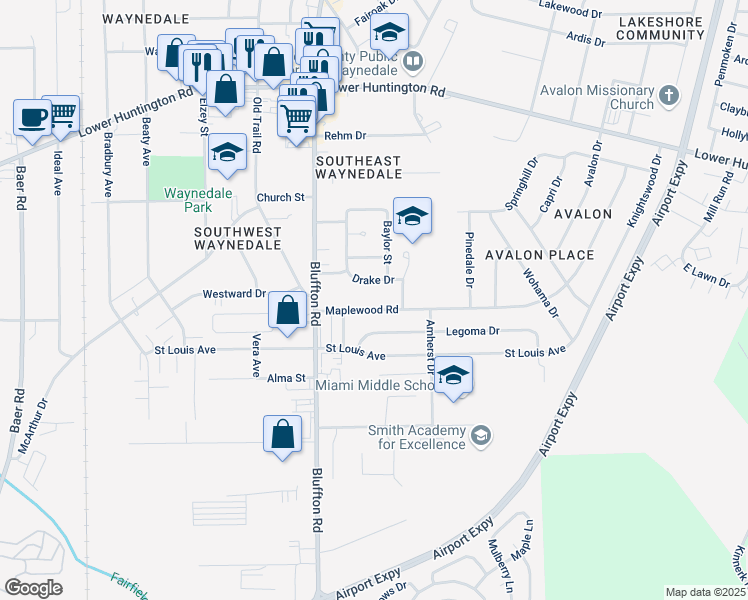 map of restaurants, bars, coffee shops, grocery stores, and more near 2309 Maplewood Rd in Fort Wayne
