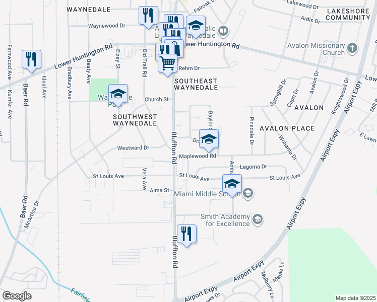 map of restaurants, bars, coffee shops, grocery stores, and more near 7411 Bluffton Road in Fort Wayne