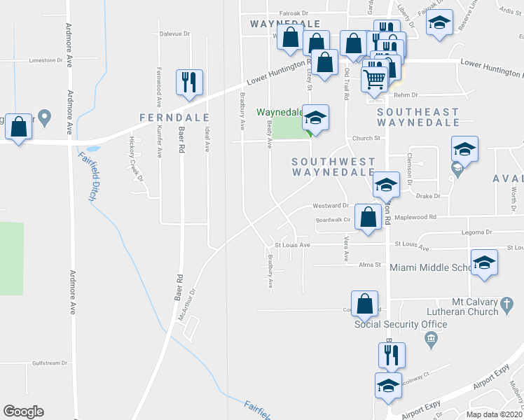 map of restaurants, bars, coffee shops, grocery stores, and more near 3018 McArthur Drive in Fort Wayne