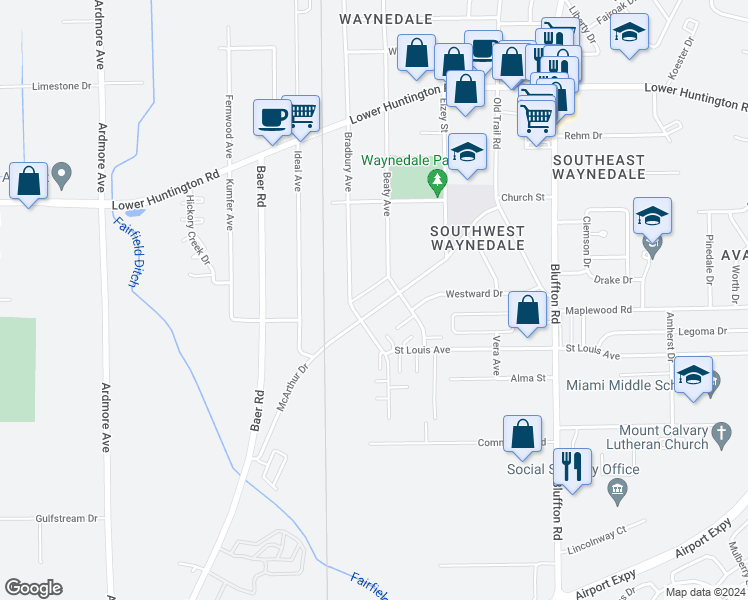 map of restaurants, bars, coffee shops, grocery stores, and more near 3018 McArthur Drive in Fort Wayne