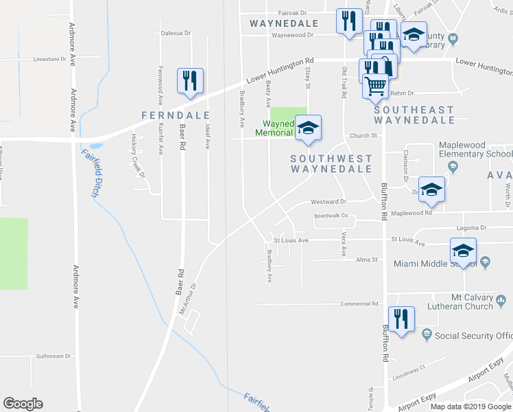 map of restaurants, bars, coffee shops, grocery stores, and more near 3018 McArthur Drive in Fort Wayne