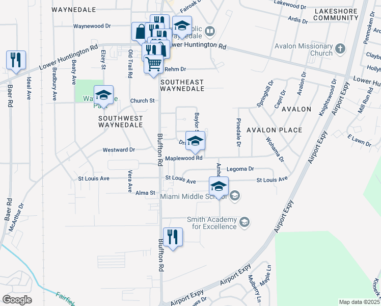 map of restaurants, bars, coffee shops, grocery stores, and more near 2309 Maplewood Rd in Fort Wayne