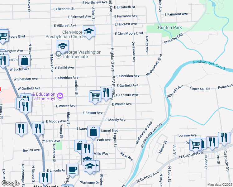 map of restaurants, bars, coffee shops, grocery stores, and more near 1202 Highland Avenue in New Castle