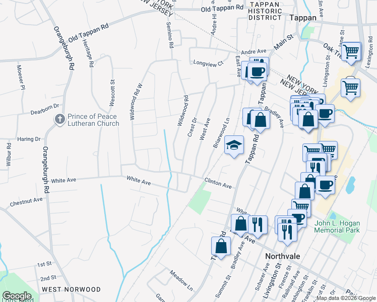map of restaurants, bars, coffee shops, grocery stores, and more near 406 Crest Drive in Northvale