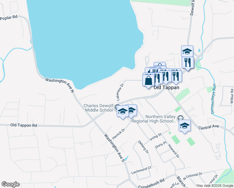map of restaurants, bars, coffee shops, grocery stores, and more near 20 Lakeview Dr in Old Tappan