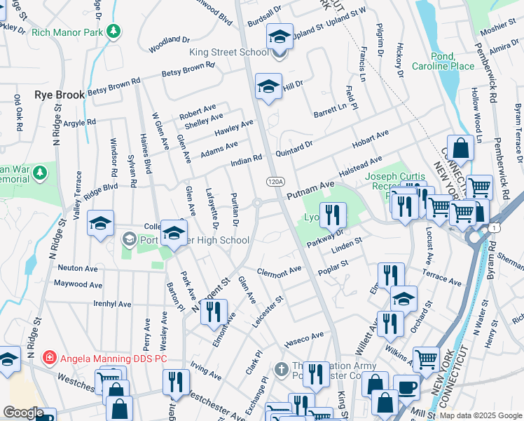 map of restaurants, bars, coffee shops, grocery stores, and more near 256 North Regent Street in Port Chester