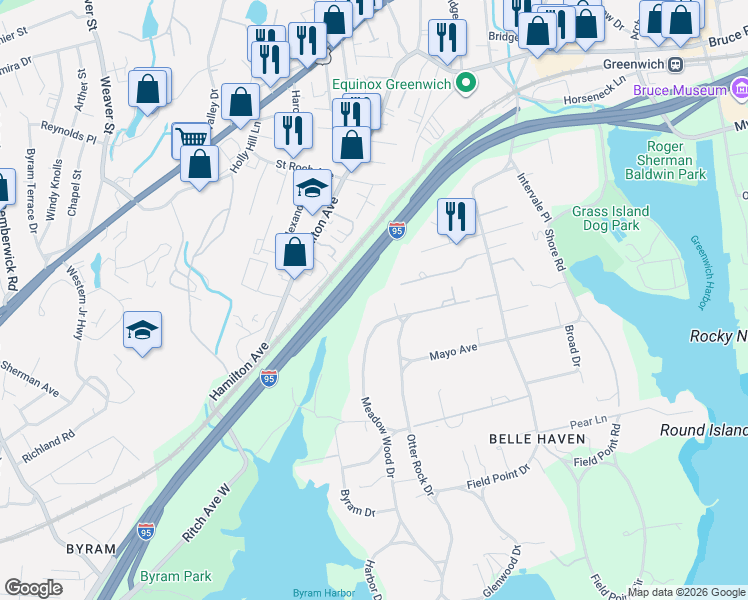 map of restaurants, bars, coffee shops, grocery stores, and more near 5 Meadow Wood Drive in Greenwich