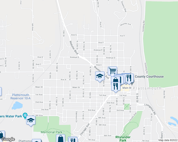map of restaurants, bars, coffee shops, grocery stores, and more near 304 North 10th Street in Plattsmouth