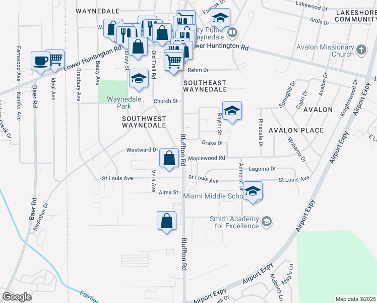 map of restaurants, bars, coffee shops, grocery stores, and more near 7411 Bluffton Road in Fort Wayne