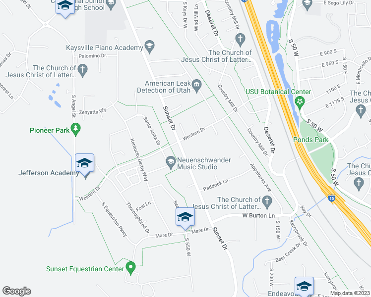 map of restaurants, bars, coffee shops, grocery stores, and more near 1353 Sunset Drive in Kaysville