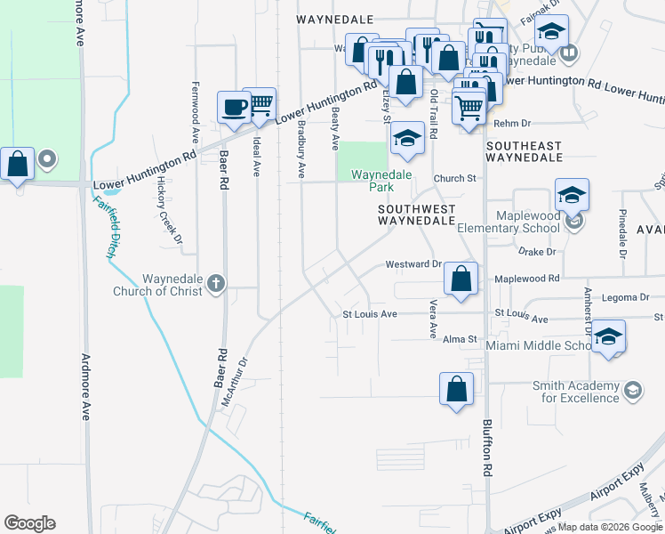 map of restaurants, bars, coffee shops, grocery stores, and more near 7420 Beaty Avenue in Fort Wayne
