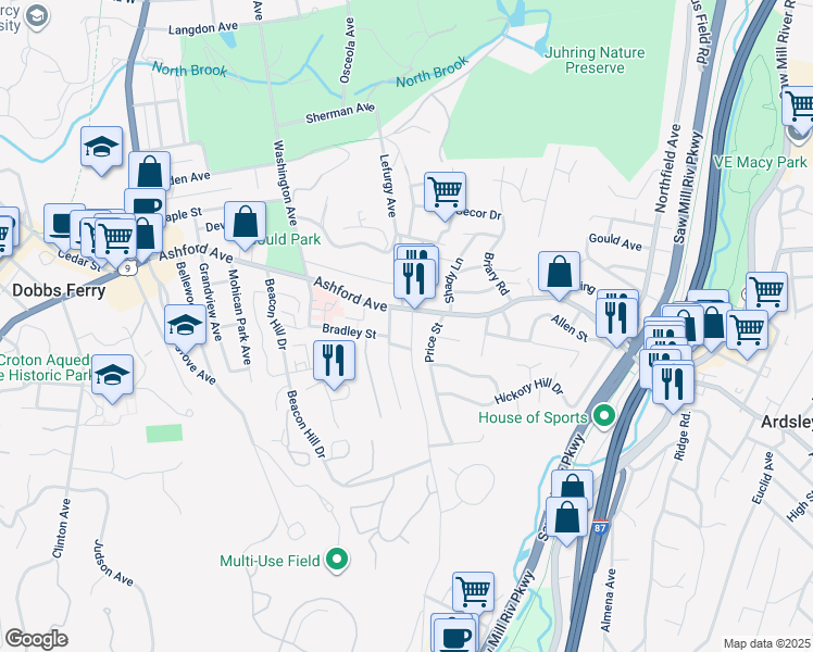 map of restaurants, bars, coffee shops, grocery stores, and more near 23 Ogden Avenue in Dobbs Ferry