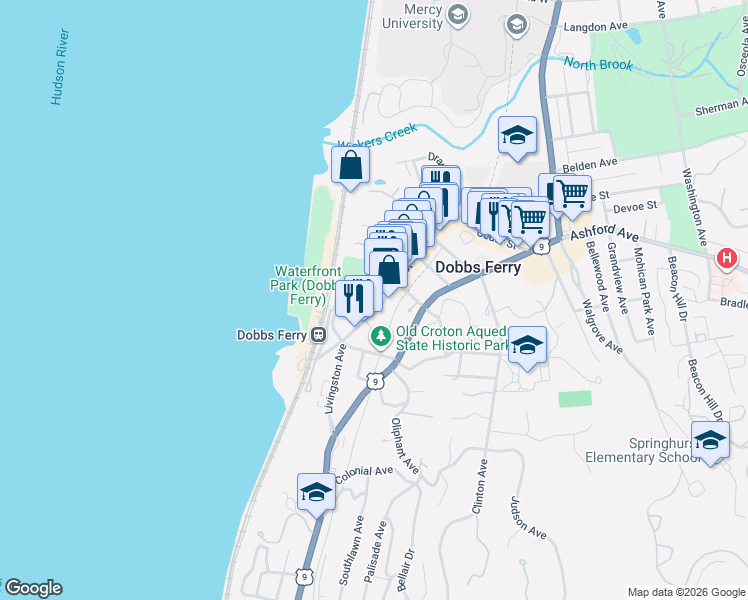 map of restaurants, bars, coffee shops, grocery stores, and more near 50 Main Street in Dobbs Ferry