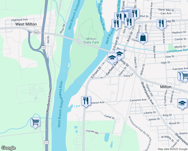 map of restaurants, bars, coffee shops, grocery stores, and more near Ferry Lane in Milton