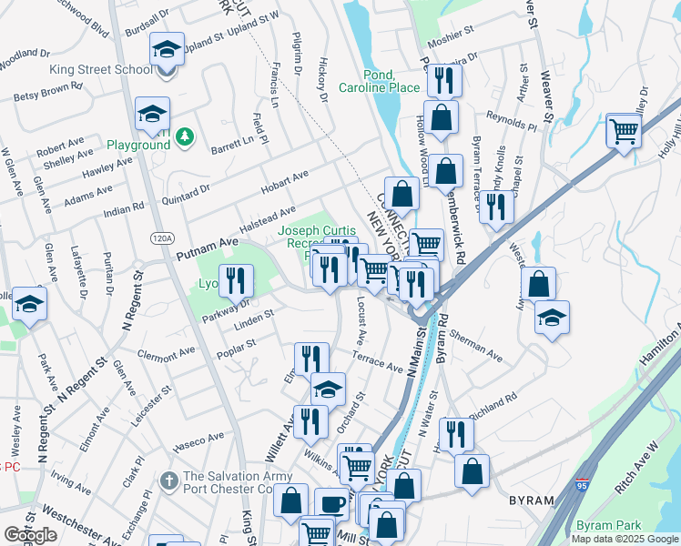 map of restaurants, bars, coffee shops, grocery stores, and more near 18 Putnam Avenue in Port Chester