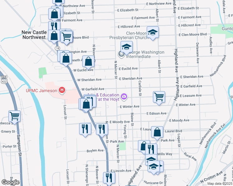 map of restaurants, bars, coffee shops, grocery stores, and more near North Mercer Street in New Castle