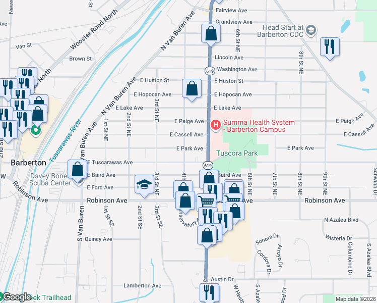 map of restaurants, bars, coffee shops, grocery stores, and more near 409 East Tuscarawas Avenue in Barberton