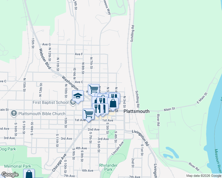 map of restaurants, bars, coffee shops, grocery stores, and more near 421 Avenue B in Plattsmouth