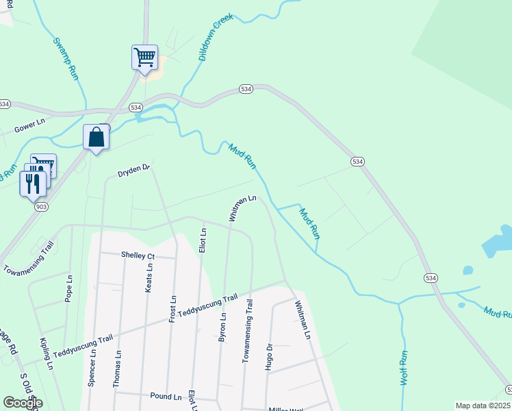 map of restaurants, bars, coffee shops, grocery stores, and more near 217 Whitman Lane in Albrightsville