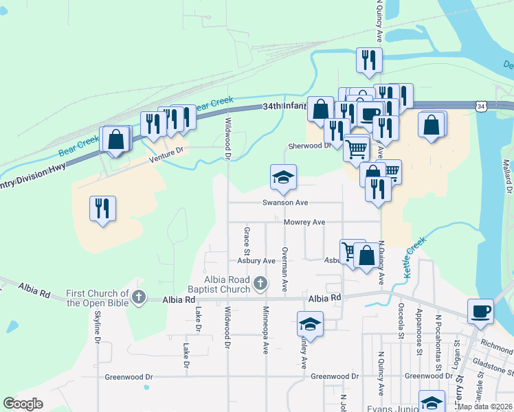 map of restaurants, bars, coffee shops, grocery stores, and more near 1801-1899 Mowrey Ave in Ottumwa