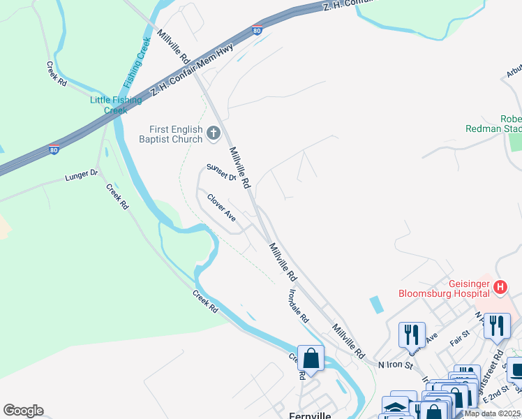 map of restaurants, bars, coffee shops, grocery stores, and more near 398 Summit Ave in Bloomsburg
