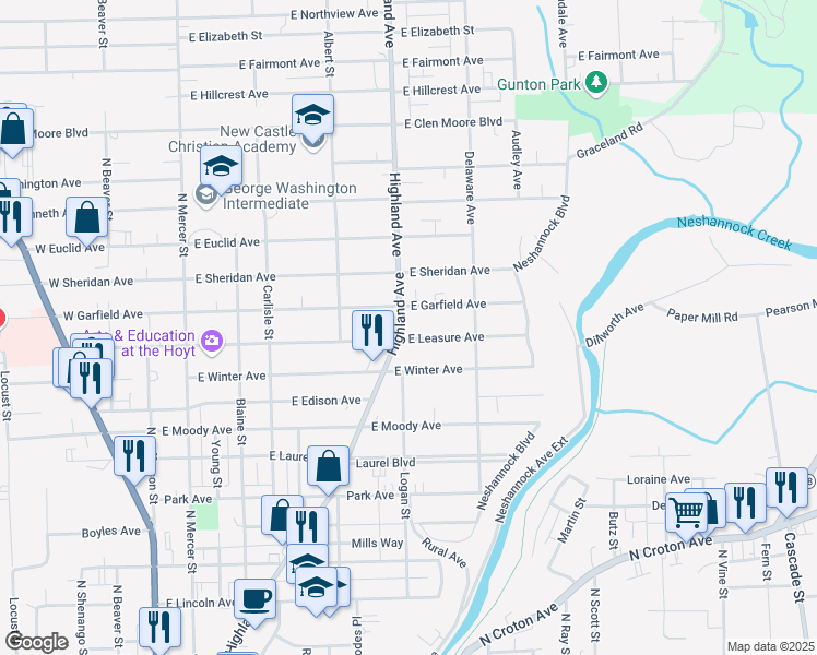map of restaurants, bars, coffee shops, grocery stores, and more near 410 East Leasure Avenue in New Castle