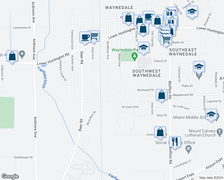 map of restaurants, bars, coffee shops, grocery stores, and more near 3018 McArthur Drive in Fort Wayne