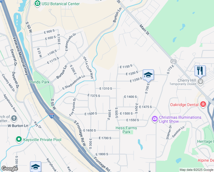 map of restaurants, bars, coffee shops, grocery stores, and more near 432 East 1310 South in Kaysville