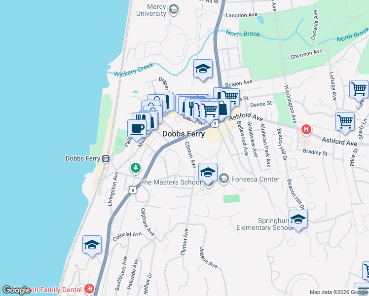 map of restaurants, bars, coffee shops, grocery stores, and more near 34 Clinton Avenue in Dobbs Ferry