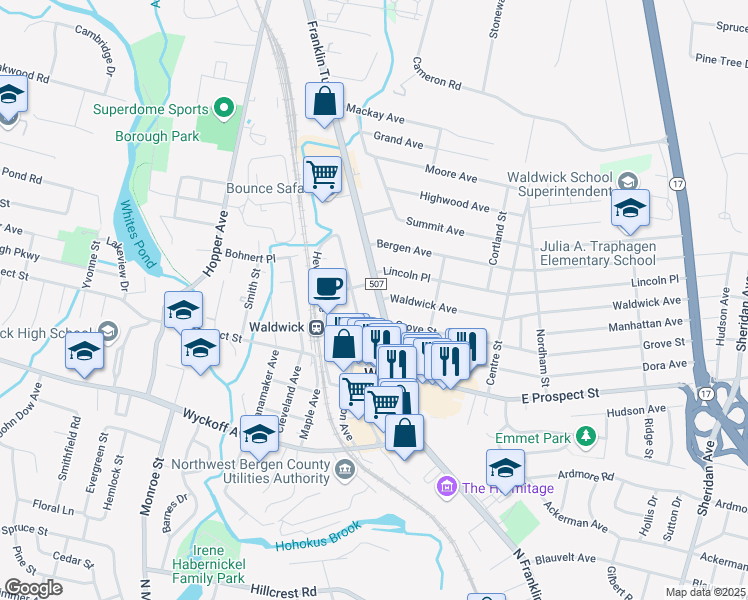 map of restaurants, bars, coffee shops, grocery stores, and more near 80 Franklin Turnpike in Waldwick