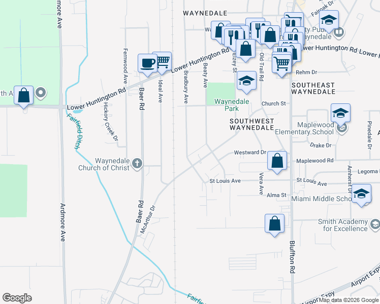 map of restaurants, bars, coffee shops, grocery stores, and more near 7411 Bradbury Avenue in Fort Wayne