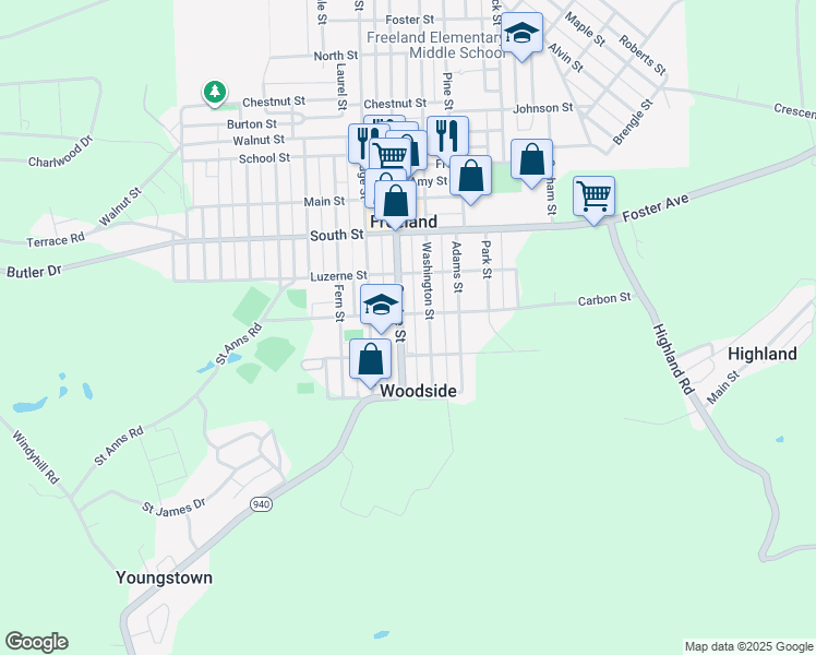 map of restaurants, bars, coffee shops, grocery stores, and more near 437 Centre Street in Freeland