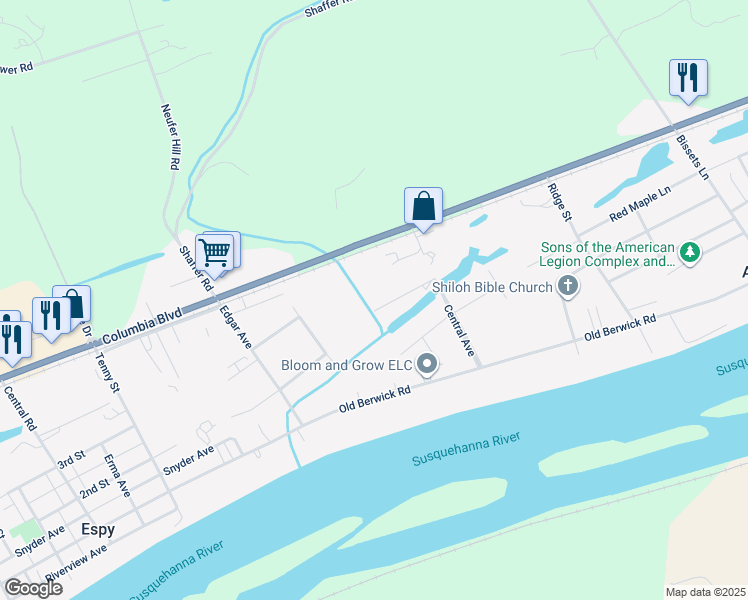 map of restaurants, bars, coffee shops, grocery stores, and more near 34 Willow Lane in Bloomsburg