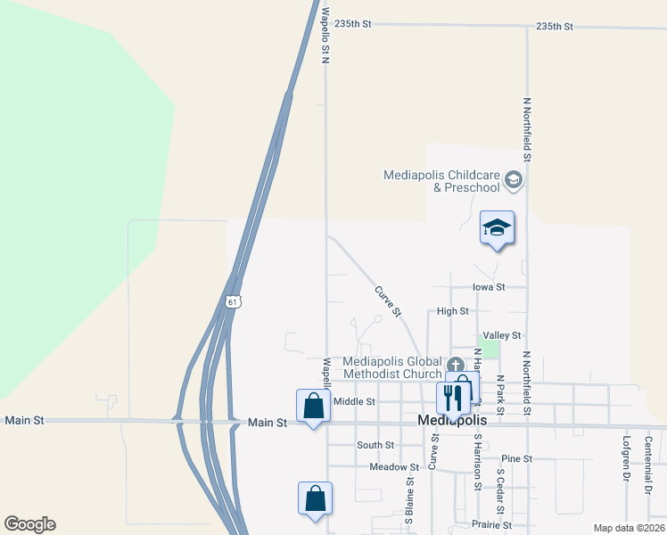 map of restaurants, bars, coffee shops, grocery stores, and more near 504 North Wapello Road in Mediapolis