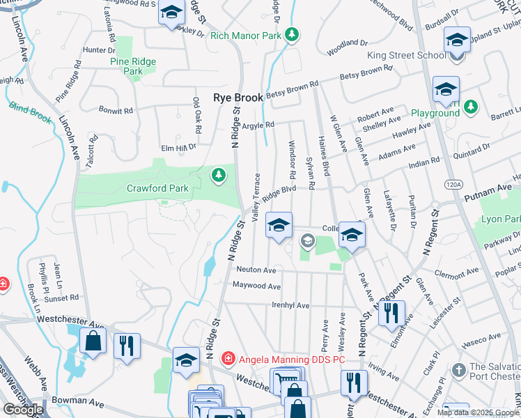map of restaurants, bars, coffee shops, grocery stores, and more near 31 Valley Terrace in Rye Brook