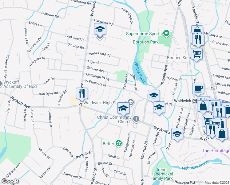 map of restaurants, bars, coffee shops, grocery stores, and more near 1 Idalane Street in Waldwick