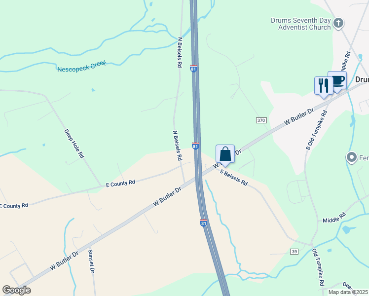 map of restaurants, bars, coffee shops, grocery stores, and more near South Beisels Road in Drums