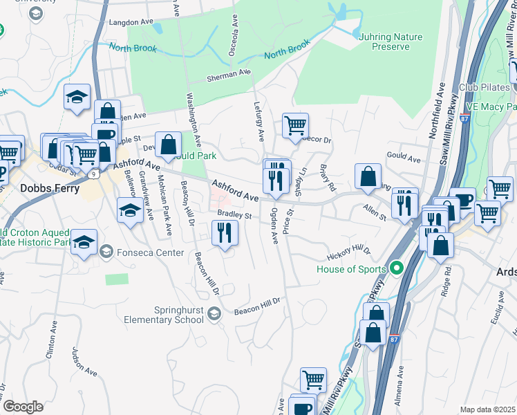 map of restaurants, bars, coffee shops, grocery stores, and more near 10 Ogden Place in Dobbs Ferry